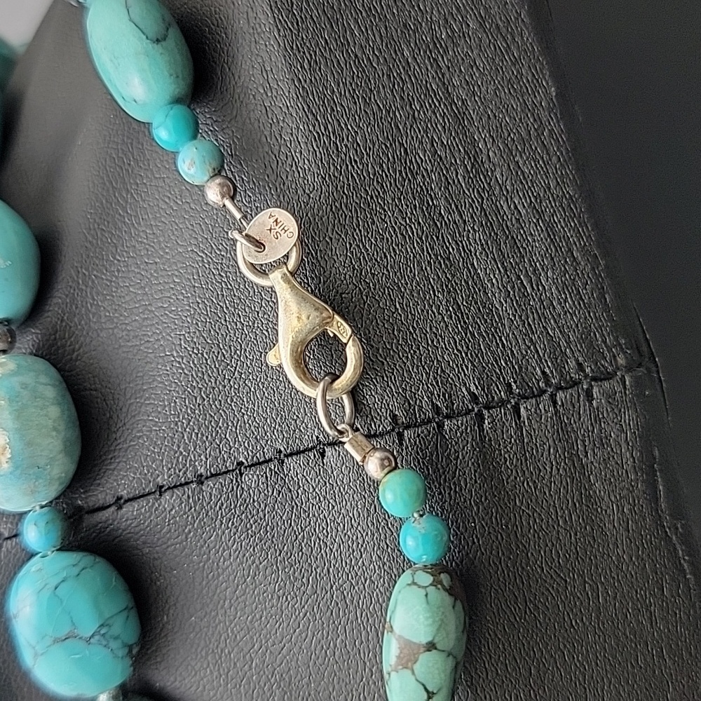 Genuine Turquoise 925 Sterling Silver Hematite Beaded Necklace 11x14mm Beads - Picture 7 of 11